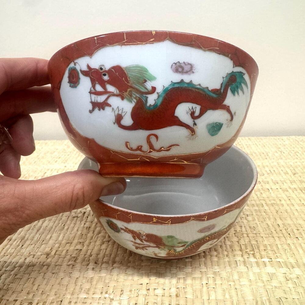 Vintage Pair Chinoiserie Red Dragon Handpainted Bowls